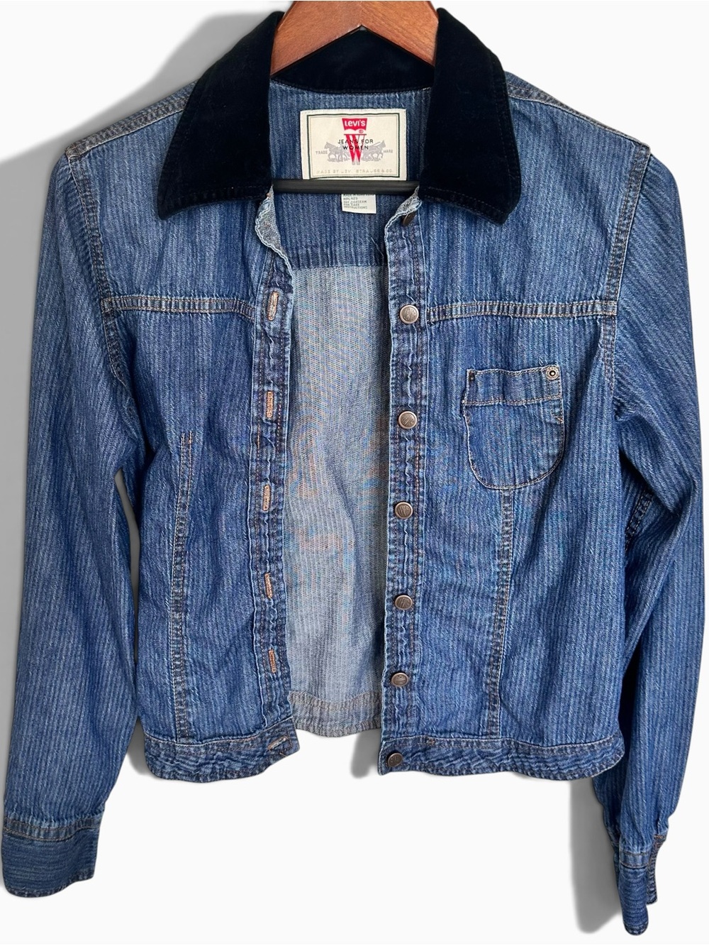 Levi’s RED Tab Vintage Striped Denim Fitted Jacket with Black Velvet Collar